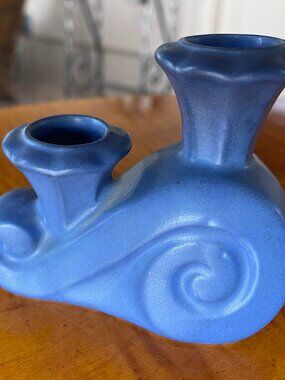 Art Deco Matte Blue Art Pottery Candlesticks - Rare